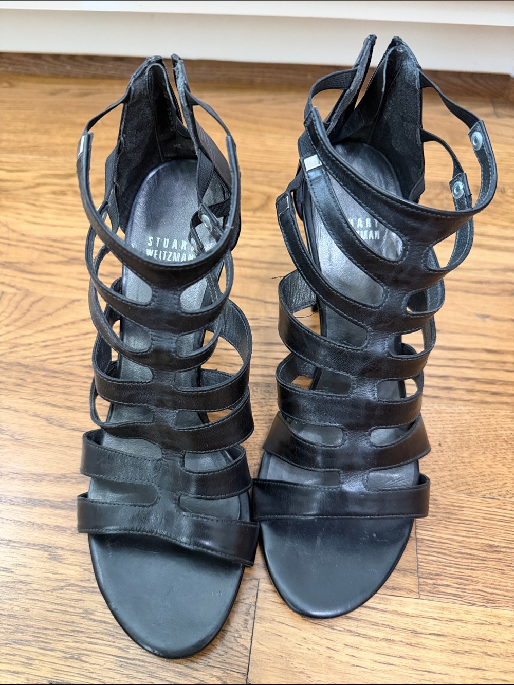 Stuart Weitzman Black Multi-Strap Leather High-Heel Sandals